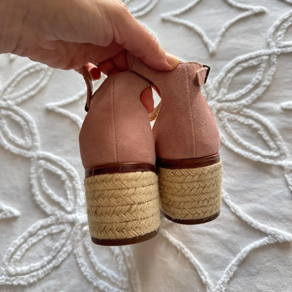 Soludos Capri Sandal Size 8 Peony Pink Suede Block Heel Espadrille Ankle Strap - Picture 3 of 5